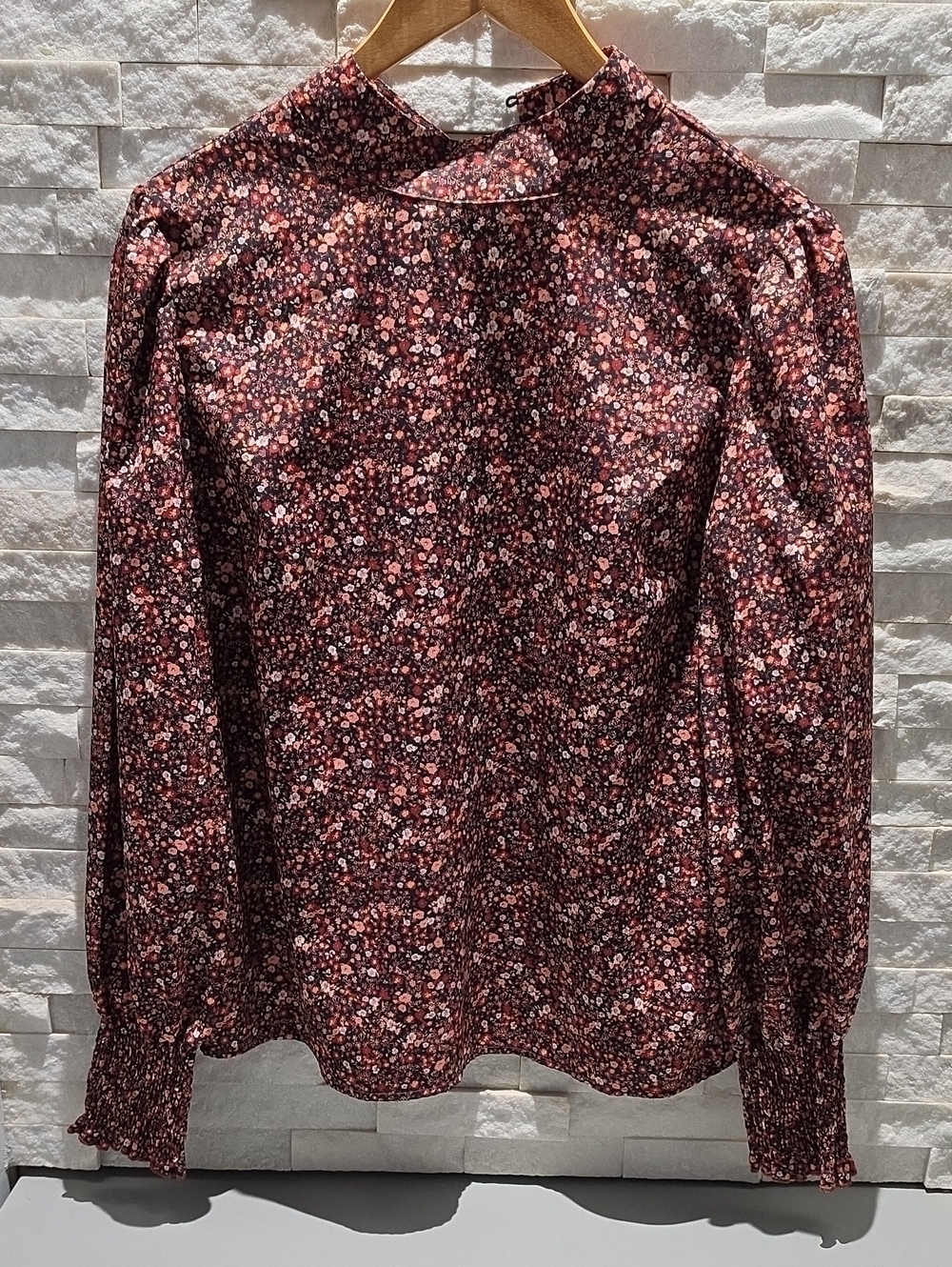 SHEIN Burgundy Pink Floral Mock Neck Long Sleeve Blouse